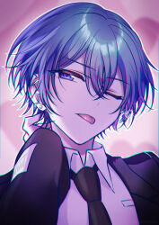  1boy aida_karasu black_necktie blue_eyes blue_hair chromatic_aberration collared_shirt commentary_request ear_bar earrings formal hair_between_eyes half-closed_eye hand_up highres jacket jewelry kaito_(vocaloid) male_focus necktie one_eye_closed open_clothes open_jacket outline piercing pink_background portrait shirt short_hair solo stud_earrings suit tongue tongue_out tongue_piercing vocaloid white_outline 