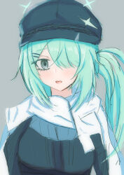 1girl absurdres aqua_eyes aqua_hair black_headwear blue_archive cabbie_hat collared_shirt commentary_request hair_over_one_eye halo hat hat_ornament highres hiyori_(blue_archive) long_hair long_sleeves looking_at_viewer miyaco86 scarf shirt side_ponytail star_(symbol) star_halo star_hat_ornament very_long_hair white_scarf rating:General score:1 user:danbooru