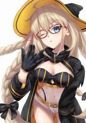  1girl absurdres aesc_(9th_anniversary)_(fate) aesc_(fate) blonde_hair blue_eyes blush braid breasts cleavage commentary_request fate/grand_order fate_(series) glasses hat highleg highleg_panties highres large_breasts long_hair long_sleeves looking_at_viewer namatako_2416 official_alternate_costume one_eye_closed open_mouth panties shorts solo thighhighs twin_braids underwear witch_hat 