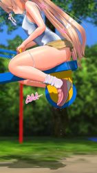  1girl 3d ass blonde_hair blue_eyes dildo highres long_hair masturbation minamo_rm object_insertion playground pussy seesaw sex_toy twintails vaginal  rating:Explicit score:44 user:DoctorWasabi