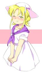  1girl ;d blonde_hair blush collarbone dress furrowed_brow hat louise_(touhou) neckerchief nonamejd official_style one_eye_closed open_mouth purple_neckerchief short_hair short_sleeves smile solo sweatdrop touhou touhou_(pc-98) v_arms white_dress white_hat yellow_eyes zun_(style) 