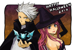  10s 1boy 1girl 2010 bad_id bad_pixiv_id bare_shoulders bat_(animal) blue_eyes breasts cape cleavage elbow_gloves english_text fairy_tail ginger_(niningasi) gloves halloween happy_halloween hat ice large_breasts lipstick long_hair looking_at_viewer looking_back lyon_vastia magic makeup pink_hair sherry_blendy spiked_hair white_hair witch_hat  rating:Sensitive score:12 user:danbooru