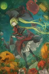  1girl bat_(animal) black_umbrella blazblue blonde_hair bow commentary_request creature dress fence flower frilled_dress frills full_moon gothic_lolita hair_ribbon holding holding_umbrella jack-o&#039;-lantern leaf lolita_fashion long_hair looking_at_viewer moon oekaki parted_lips pumpkin rachel_alucard red_bow red_eyes red_flower red_rose ribbon rose shrie sky solo standing twintails umbrella 