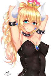 1girl absurdres armlet bare_shoulders black_collar black_dress blonde_hair blue_eyes blush bowsette bracelet breasts cleavage collar collarbone crown dress earrings covered_erect_nipples highres horns jewelry large_breasts long_hair looking_at_viewer mario_(series) monster_girl neck new_super_mario_bros._u_deluxe nintendo pointy_ears saliva spiked_armlet spiked_bracelet spiked_collar spiked_shell spikes strapless strapless_dress super_crown turtle_shell white_horns rating:Questionable score:9 user:twilight_jester