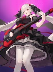  1girl azur_lane black_dress breasts dress formidable_(azur_lane) formidable_(muse)_(azur_lane) guitar hair_ribbon highres huge_breasts instrument long_hair lump_saury official_alternate_costume pantyhose red_eyes ribbon smile solo very_long_hair white_pantyhose  rating:General score:7 user:May_Chang