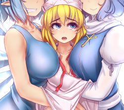 3girls aged_up alternate_breast_size bare_arms bare_shoulders blonde_hair blue_eyes blue_hair breast_envy breast_smother breasts cirno collarbone commentary crying crying_with_eyes_open face_to_breasts girl_sandwich grin hand_under_clothes hat hater_(hatater) head_out_of_frame huge_breasts ice ice_wings juliet_sleeves letty_whiterock lily_white long_sleeves looking_at_another multiple_girls open_mouth pointy_ears puffy_sleeves red_ribbon ribbon sandwiched simple_background sleeveless small_breasts smile tears touhou white_background white_hat wings rating:Questionable score:39 user:danbooru