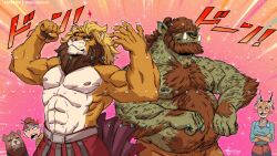 2girls 3boys =_= abs anger_vein animal_ears bara barny_(ben_geldenhuys) beard ben_geldenhuys big_belly body_fur borrowed_character brown_fur chibi chibi_inset chromatic_aberration cowboy_shot double_biceps_pose dungeons_&amp;_dragons emphasis_lines facial_hair flexing full_beard furry furry_male gnoll hair_over_eyes hand_hair highres large_pectorals lion_boy lion_ears lion_mane male_focus mature_male menacing_(jojo) multiple_boys multiple_girls muscular muscular_male nipples orc original pectorals pink_background pose_request profile sparkle standing talos_(tktigerkat) thick_arm_hair thick_chest_hair thick_eyebrows thick_navel_hair topless_male very_hairy watermark wavy_mouth yaoi