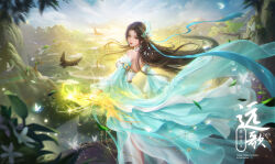  1girl absurdres bare_shoulders bird blue_sky brown_hair bug butterfly closed_mouth cloud detached_collar detached_sleeves doupo_cangqiong dress earrings energy facial_mark fei_niu_ai_shirou_rou forehead_mark gu_xun_er_(doupo_cangqiong) highres insect jewelry light_particles mountainous_horizon outdoors second-party_source sky solo white_dress 