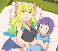 10s 1boy 1girl ^_^ ^o^ aaa_(nisetsuru) age_difference bare_arms bare_shoulders blonde_hair blue_hair blunt_bangs blush breasts child cleavage closed_eyes closed_mouth collarbone dragon_girl dragon_horns dutch_angle eyebrows hair_between_eyes horns kobayashi-san_chi_no_maidragon large_breasts looking_at_another lucoa_(maidragon) lying magatsuchi_shouta midriff multicolored_hair on_back on_side pillow short_hair short_sleeves shorts sleeping teenage_girl_and_younger_boy wavy_mouth rating:Sensitive score:72 user:Domestic_Importer