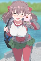  1girl absurdres ada_badguy bag blurry blurry_background breath brown_hair carrying closed_eyes commentary_request commission depth_of_field duffel_bag facing_viewer gift girls_und_panzer green_skirt grey_jacket gym_shirt headband highres holding holding_gift jacket kondou_taeko leaning_forward looking_at_viewer medium_hair miniskirt multicolored_clothes multicolored_jacket open_mouth outdoors pants pants_under_skirt partial_commentary partially_unzipped pleated_skirt red_headband red_jacket red_pants see-through shirt skeb_commission skirt smile solo standing sweat track_jacket track_pants two-tone_jacket valentine wet wet_clothes wet_shirt white_shirt 
