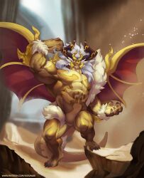  1boy abs bara bird claws commentary dragalia_lost dragon_boy dragon_horns dragon_tail dragon_wings english_commentary furry furry_male green_eyes highres horns kusu_(x_kusunagi_x) light_rays looking_at_viewer male_focus muscular muscular_male paid_reward_available pectorals sand tail thor_(dragalia_lost) wings 