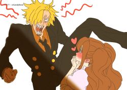 1boy 1girl absurdres annoyed blonde_hair blush brown_hair charlotte_pudding facial_hair formal full-face_blush heart hetero highres jacket juliet_sleeves long_hair long_sleeves looking_at_another one_leg_raised one_piece open_mouth pants puffy_sleeves rita_ya sanji_(one_piece) sharp_teeth short_hair suit teeth twintails