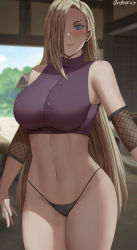 1girl artist_name black_panties blonde_hair blurry blurry_background blush breasts closed_mouth commentary cowboy_shot crop_top earrings english_commentary fishnet_armwear green_eyes hair_over_one_eye high-waist_panties highres jewelry large_breasts long_hair looking_at_viewer naruto_(series) naruto_shippuuden navel no_pants oroborus panties smile solo thong underwear yamanaka_ino  rating:Sensitive score:181 user:danbooru