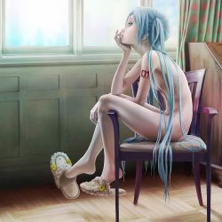  blue_eyes blue_hair chair finger_in_mouth hatsune_miku loli nude realistic sitting tongue vocaloid  rating:Questionable score:61 user:...(°_-).!.