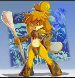  1girl animal_crossing animal_ears bone commentary crop_top dog_ears dog_girl dog_tail frown furry furry_female hand_on_own_hip holding holding_bone isabelle_(animal_crossing) jungle letterboxed loincloth nature navel nintendo plant solo souldroids tail topknot two-tone_fur v-shaped_eyebrows yellow_fur 