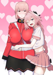  1boy 1girl astolfo_(fate) astolfo_(sailor_paladin)_(fate) bow braid braided_ponytail breasts bulge crossdressing erection erection_under_clothes fang fate/grand_order fate_(series) florence_nightingale_(fate) fujou_joshi gloves grabbing grabbing_another&#039;s_breast hair_bow hair_intakes large_breasts long_hair midriff military military_uniform official_alternate_costume one_eye_closed pantyhose pink_hair red_eyes school_uniform serafuku single_braid skin_fang thighhighs trap uniform very_long_hair white_gloves  rating:Questionable score:118 user:danbooru