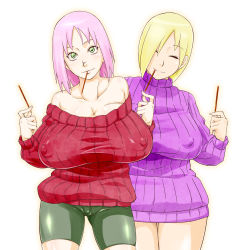  2girls alternate_breast_size bare_shoulders bike_shorts blonde_hair breasts cleavage closed_eyes collarbone covered_erect_nipples cowboy_shot curvy eating food green_eyes hair_over_one_eye haruno_sakura head_tilt highres holding huge_breasts impossible_clothes light_smile long_hair long_sleeves looking_at_viewer mouth_hold multiple_girls naruto naruto_(series) nipples no_bra no_pants pink_hair pocky purple_sweater red_sweater revealing_clothes shiny_clothes short_hair shorts simple_background skin_tight skindentation smile spandex sunahara_wataru sweater turtleneck white_background yamanaka_ino  rating:Questionable score:67 user:_nbghtre