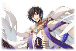 1boy artist_request black_hair blue_gemstone brooch coat code_geass code_geass:_lost_stories cropped_torso game_cg gem half-closed_eyes happy jewelry lelouch_vi_britannia long_sleeves looking_at_viewer male_focus non-web_source official_art parted_lips purple_eyes short_hair sidelocks simple_background smile solo standing teeth transparent_background upper_body white_coat