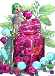  1girl :d ^_^ apron artist_name blueberry blush brown_apron closed_eyes commentary cup drink drinking_glass english_commentary fangs food fruit full_body green_hair green_socks grey_apron highres holding holding_food holding_fruit holding_leaf ice ice_cube inkling inkling_girl inkling_player_character jellyfish_(splatoon) ladder leaf medium_hair moromi_(kscd4482) nintendo open_mouth oversized_object pen_in_pocket pocket pointy_ears raspberry sandals shirt short_eyebrows short_sleeves smile socks splatoon_(series) splatoon_3 strawberry suction_cups sweat tentacle_hair white_background white_shirt wooden_ladder yellow_footwear 