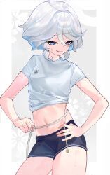  1girl :d ahoge blue_eyes blue_shorts commentary_request cowboy_shot furina_(genshin_impact) genshin_impact grey_shirt hair_intakes hand_on_own_hip highres measuring midriff navel open_mouth popo_(mochimai275642) shirt short_hair short_shorts short_sleeves shorts smile solo standing stomach tape_measure thighs waist_measuring white_hair 