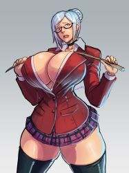  10s 1girl absurdres blazer blush breasts bullitbikini cleavage curvy glasses highres huge_breasts jacket looking_at_viewer no_bra prison_school red_eyes riding_crop shiraki_meiko solo standing thick_thighs thighs white_hair wide_hips  rating:Questionable score:40 user:MajorMick