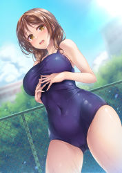  1girl blue_one-piece_swimsuit blue_sky breasts brown_eyes brown_hair chain-link_fence cloud commentary_request covered_navel cowboy_shot dutch_angle fence highres large_breasts looking_at_viewer massan one-piece_swimsuit original own_hands_clasped own_hands_together school_swimsuit short_hair sky solo standing swimsuit 