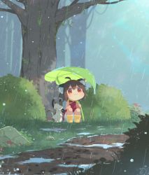 1girl :3 ahoge animal_ear_fluff animal_ears bloomers blurry blurry_background boots brown_hair cat cat_ears cat_girl cat_tail chen chibi china_dress chinese_clothes commentary commentary_request dress flower footprints grass highres holding holding_leaf ibaraki_natou leaf leaf_umbrella looking_at_viewer looking_up mud multiple_tails mushroom orange_eyes outdoors plant puddle rain rock rubber_boots short_hair sleeveless sleeveless_dress tail touhou tree under_tree underwear vines yellow_footwear rating:Sensitive score:8 user:danbooru