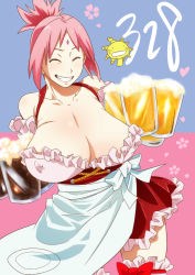  1girl alcohol alternate_breast_size apron bare_shoulders beer breasts cherry_blossoms clenched_teeth covered_erect_nipples crossover eyebrows eyelashes closed_eyes female_focus grin haruno_sakura huge_breasts large_breasts maid maid_apron moyashimon naruto_(series) naruto_shippuuden neck nipples oryzae-tan pectorals pink_hair ponytail root_beer skirt smile solo sunahara_wataru teeth  rating:Questionable score:159 user:king_of_twilight