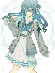  1girl 3pel1 alternate_costume alternate_hairstyle aran_sweater artist_name belt blue_belt blue_bow blue_bowtie blue_eyes blue_hair bow bowtie brooch cable_knit cardigan clenched_hands commentary english_text frilled_sleeves frills grey_cardigan hair_between_eyes hair_bun half-skirt half_updo highres hololive hoshimachi_suisei hoshimachi_suisei_(school_uniform) jewelry long_hair medium_skirt official_alternate_costume official_alternate_hairstyle open_cardigan open_clothes pleated_skirt sailor_collar school_uniform serafuku shirt side_up_bun signature single_side_bun skirt solo star_brooch sweater symbol-only_commentary twitter_username virtual_youtuber white_sailor_collar white_serafuku white_shirt white_skirt 