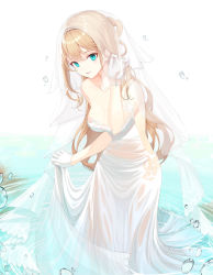  1girl backless_dress backless_outfit bare_shoulders blue_eyes breasts bridal_veil cleavage collarbone dress girls&#039;_frontline gloves light_brown_hair long_hair medium_breasts official_alternate_costume partially_submerged solo suomi_(blissful_mission)_(girls&#039;_frontline) suomi_(girls&#039;_frontline) tmtl_aos veil very_long_hair wedding_dress wet wet_clothes white_gloves  rating:Sensitive score:15 user:danbooru