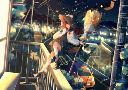  1girl atelier_umiyury balcony black_dress black_hat blurry blurry_background broom brown_hair building car city_lights commentary dress hand_on_headwear hat highres lamppost long_sleeves motor_vehicle neck_ribbon night night_sky original outdoors power_lines procreate_(medium) ribbon sky solo utility_pole white_sleeves witch witch_hat 