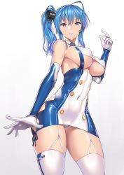 1girl ahoge azur_lane bare_shoulders blue_hair breasts buttons clothing_cutout commentary_request dress elbow_gloves garter_straps gloves gradient_hair hat large_breasts multicolored_hair nagase_haruhito panties ponytail purple_eyes purple_hair side_cutout side_ponytail sideboob skin_tight st._louis_(azur_lane) teeth thighhighs underboob underwear white_gloves white_panties white_thighhighs rating:Questionable score:43 user:danbooru