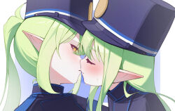  2girls artist_request blue_archive blush green_hair highres hikari_(blue_archive) imminent_kiss incest multiple_girls nozomi_(blue_archive) pointy_ears tagme yuri  rating:Sensitive score:22 user:gentlemen...the_west_is_fallen