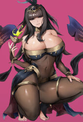  1girl anklet black_hair blunt_bangs bodystocking breasts bridal_gauntlets bridal_legwear cleavage covered_navel feather_hair_ornament feet female_focus fingernails fire fire_emblem fire_emblem_awakening fire_emblem_heroes floating floating_object full_body gorget green_fire hair_ornament half-closed_eyes hand_on_own_thigh huge_breasts jewelry kataku_musou loincloth long_hair nail_polish nintendo official_alternate_costume parted_lips pink_background pink_nails purple_eyes simple_background solo squatting stirrup_legwear tharja_(fire_emblem) tharja_(plegian)_(fire_emblem) thick_thighs thighlet thighs tiara toeless_legwear toenails toes two_side_up 