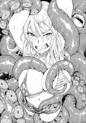  bikini breasts crying crying_with_eyes_open drooling forced groping groping_breast highres large_breasts long_hair molestation monochrome octopus original red_cornea_blue shorts swimsuit tears tentacle_grab tentacles tentacles_under_clothes the_dream_of_the_fisherman&#039;s_wife 