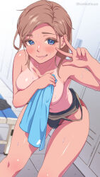  1girl absurdres artist_name bench black_one-piece_swimsuit blue_eyes blush breasts brown_hair clothes_pull collarbone competition_swimsuit highres indoors kanikatsuya locker locker_room long_hair medium_breasts navel one-piece_swimsuit one-piece_swimsuit_pull original smile solo standing sweat swimsuit tan tanline twitter_username v watermark  rating:Questionable score:23 user:danbooru