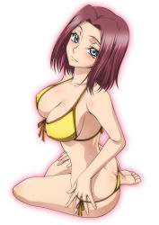 00s 1girl aqua_eyes ass barefoot bikini blush body_blush breasts butt_crack cleavage code_geass collarbone covered_erect_nipples from_behind front-tie_top highres kouzuki_kallen kaname_aomame large_breasts looking_at_viewer looking_back red_hair short_hair side-tie_bikini_bottom simple_background smile solo sweat swimsuit twisted_torso white_background rating:Sensitive score:73 user:dA_fan