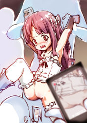  1girl ad2027 arm_grab armpits bow cleft_of_venus copyright_request eyebrows hair_bow holding holding_phone imminent_rape leg_grab loli long_hair open_mouth phone pussy solo_focus taking_picture thighhighs uncensored 