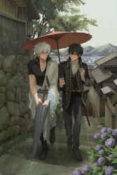  2boys absurdres ascot black_footwear black_hair black_jacket black_pants chinese_commentary cityscape cloud cloudy_sky commentary_request flower full_body gintama hair_between_eyes highres hijikata_toushirou hill house jacket long_sleeves male_focus multiple_boys oil-paper_umbrella outdoors pants purple_flower rain robe sakata_gintoki shared_umbrella shoes short_hair sky stairs stone_stairs tree umbrella walking white_ascot white_hair white_robe xi_hsi 