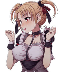  1girl between_breasts black_choker black_wrist_cuffs blonde_hair blush bow breasts chiaki_rakutarou choker cleavage collarbone covered_erect_nipples dress freckles frilled_dress frills hair_bow hair_ribbon hands_up highres idolmaster idolmaster_dearly_stars looking_at_another nail_polish open_mouth pink_nails red_eyes red_ribbon ribbon short_hair short_sleeves simple_background small_breasts smile solo strap_between_breasts suzuki_ayane twintails underbust upper_body white_background white_dress wrist_cuffs 