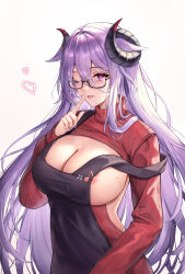  1girl apron azur_lane black-framed_eyewear black_apron black_horns breasts cleavage curled_horns finger_to_mouth friedrich_carl_(a_game_of_love)_(azur_lane) friedrich_carl_(azur_lane) game_cartridge gemini_(feng) heart highres horns large_breasts long_hair mole mole_on_breast mole_under_mouth nipple_slip nipples official_alternate_costume one_eye_closed purple_eyes purple_hair red_sweater semi-rimless_eyewear simple_background solo spoken_heart sweater very_long_hair white_background 