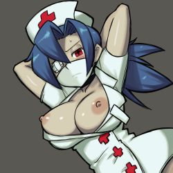 +_+ 1girl aaaa_(quad-a) arms_up bad_id bad_pixiv_id blue_eyes blue_hair breasts eyepatch grey_background highres hip_focus long_hair matching_hair/eyes nipples nurse simple_background skullgirls solo symbol-shaped_pupils valentine_(skullgirls) rating:Questionable score:80 user:danbooru