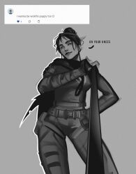  1girl absurdres apex_legends belt bodysuit breasts commentary english_commentary english_text gloves grey_background greyscale hair_behind_ear hair_bun highres leash looking_at_viewer medium_breasts monochrome nessepack parted_lips pov single_hair_bun solo tweet twitter viewer_on_leash wraith_(apex_legends) 