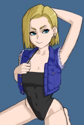  1girl android_18 arm_behind_head arm_up black_leotard blonde_hair blue_background blue_eyes closed_mouth collarbone dragon_ball dragonball_z earrings groin highleg highleg_leotard jewelry leotard looking_at_viewer paid_reward_available seiza short_hair simple_background sitting smile thighs vest wabaki 