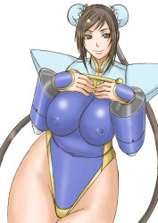  1girl arcana_heart breast_suppress breasts brown_eyes brown_hair curvy double_bun covered_erect_nipples gauntlets hair_ornament hairclip high_collar huge_breasts leotard mei-fang papepox2 plump shoulder_pads smile thick_thighs thighs twintails wide_hips  rating:Questionable score:9 user:leejunne