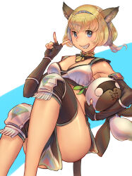  1girl adventurer_(ff11) animal_ear_fluff animal_ears black_gloves blonde_hair blue_eyes blue_hairband breasts cactus41747280 cat_ears cat_girl cat_tail cleavage elbow_gloves fang final_fantasy final_fantasy_xi fingerless_gloves fringe_trim gloves grin hairband hand_up highres loincloth mandragora_(final_fantasy) medium_breasts mithra_(ff11) multicolored_hairband red_hairband short_hair smile tail teeth v white_hairband yellow_pupils 
