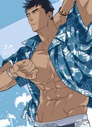  1boy abs arm_behind_head bara bare_pectorals blue_background blue_hair blue_shirt bracelet clenched_hand closed_mouth collared_shirt dark_blue_hair dated facial_hair floral_print hawaiian_shirt jewelry large_pectorals looking_to_the_side makito_hanabie male_focus muscular muscular_male navel nipples palm_tree pectorals rabbit_in_the_room shirt short_hair sideburns_stubble solo stubble tree twitter_username upper_body veiny_crotch watch wristwatch yan_(bltyann) 