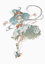  1girl :d absurdres blue_dress blue_hat bow chinese_commentary commentary dress dress_bow floating_hair flower frilled_dress frills full_body green_eyes grey_hair hair_flower hair_ornament hat hat_ornament highres kneehighs long_hair looking_at_viewer low_twintails luo_tianyi open_mouth outstretched_arms potato_(736622614) simple_background single_wrist_cuff smile socks solo spread_arms twintails vocaloid vsinger white_background white_footwear white_socks witch_hat wrist_cuffs 
