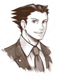  1boy :d ace_attorney artist_name black_eyes brown_hair buttons capcom formal highres necktie ohyotomato open_mouth phoenix_wright signature simple_background smile solo spiked_hair suit white_background  rating:General score:0 user:CodeNemesis
