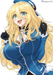  1girl atago_(kancolle) beret black_gloves blonde_hair blue_eyes blue_hat blue_skirt blush breasts chamumi_(mochiumee) gloves green_eyes hat highres kantai_collection large_breasts long_hair looking_at_viewer military military_uniform open_mouth simple_background skirt smile solo twitter_username uniform upper_body white_background 